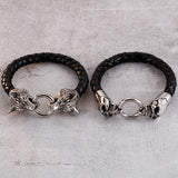 Punk Silver Skeleton Titanium Steel Double Skull Wolf Head Leather Bracelets
