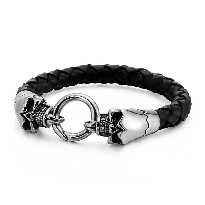 Punk Silver Skeleton Titanium Steel Double Skull Wolf Head Leather Bracelets
