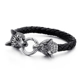 Punk Silver Skeleton Titanium Steel Double Skull Wolf Head Leather Bracelets