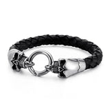 Punk Silver Skeleton Titanium Steel Double Skull Wolf Head Leather Bracelets