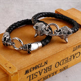 Punk Silver Skeleton Titanium Steel Double Skull Wolf Head Leather Bracelets