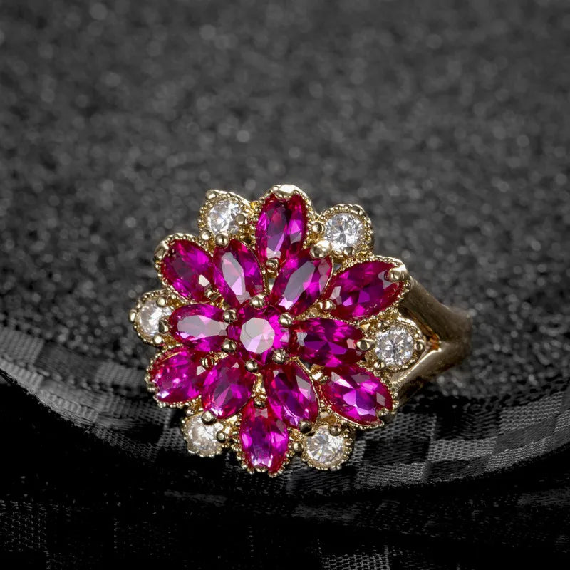 Copper Ring Flower Red Zircon Party Jewelry