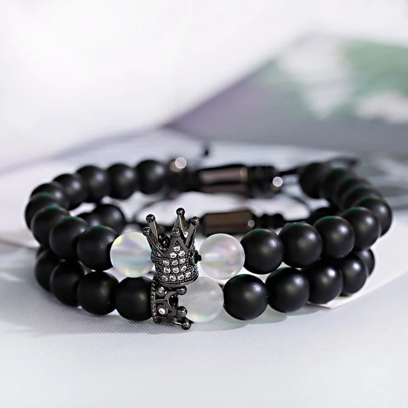 CZ Crown Distance Bracelets Set Beads Micro Pave Charm Jewelry