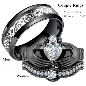 Stainless Steel Dragon & Zirconia Heart Bride Wedding Ring Set