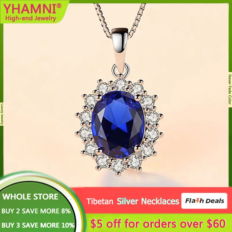 Sapphire Pendant Necklace in Tibetan Silver for Women