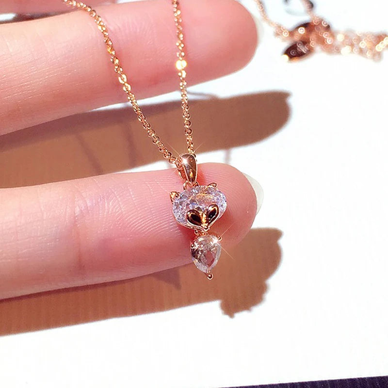Tiny Crystal Fox Necklace for Women Zirconia Collier Femme Kolye Pendant