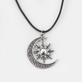 Crescent Moon Sun Charm Leather Choker Necklace