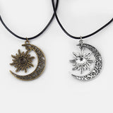 Crescent Moon Sun Charm Leather Choker Necklace