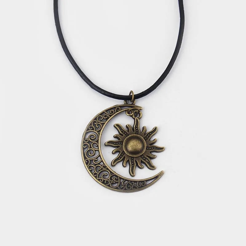 Crescent Moon Sun Charm Leather Choker Necklace