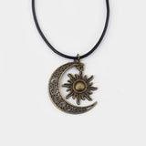 Crescent Moon Sun Charm Leather Choker Necklace