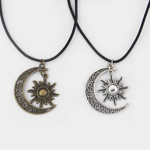 Crescent Moon Sun Charm Leather Choker Necklace