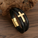Cross Leather Bracelet for Men Stainless Steel Magnet Bangle Punk Christmas