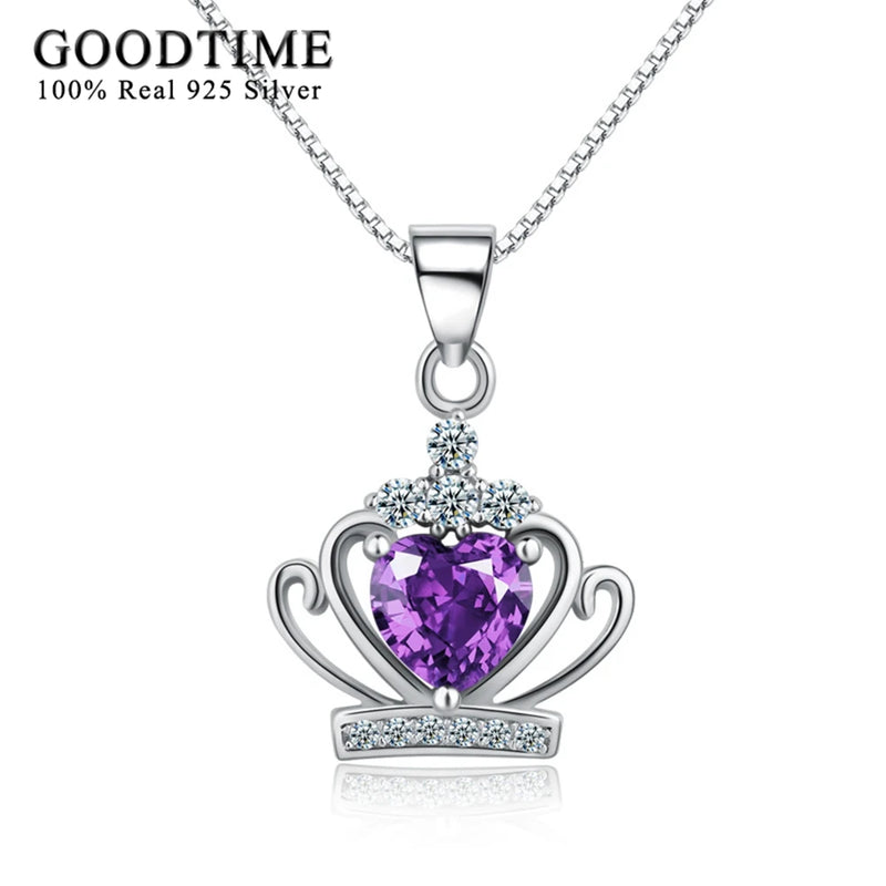 Crown Pendant Necklace Sterling Silver Romantic Crystal Chain