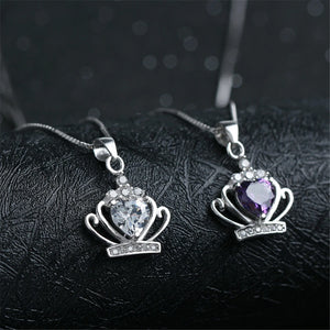 Crown Pendant Necklace Sterling Silver Romantic Crystal Chain