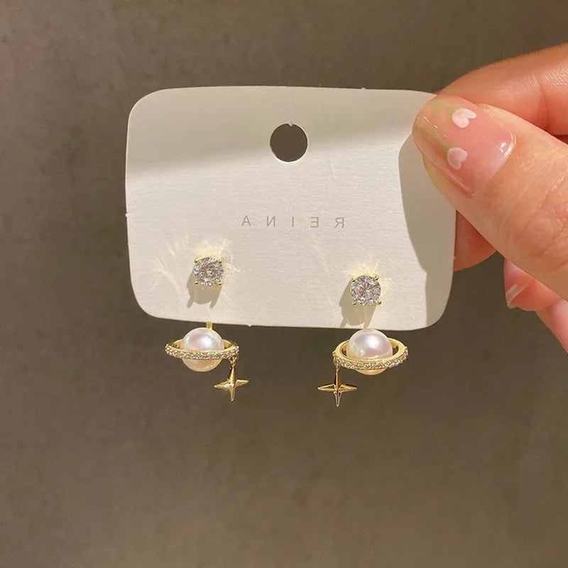 Crystal Zircon Planet Star Pearl Earrings for Women