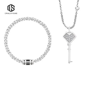 Cuban Bracelet Choker Set Stainless Steel Key Pendant Necklace