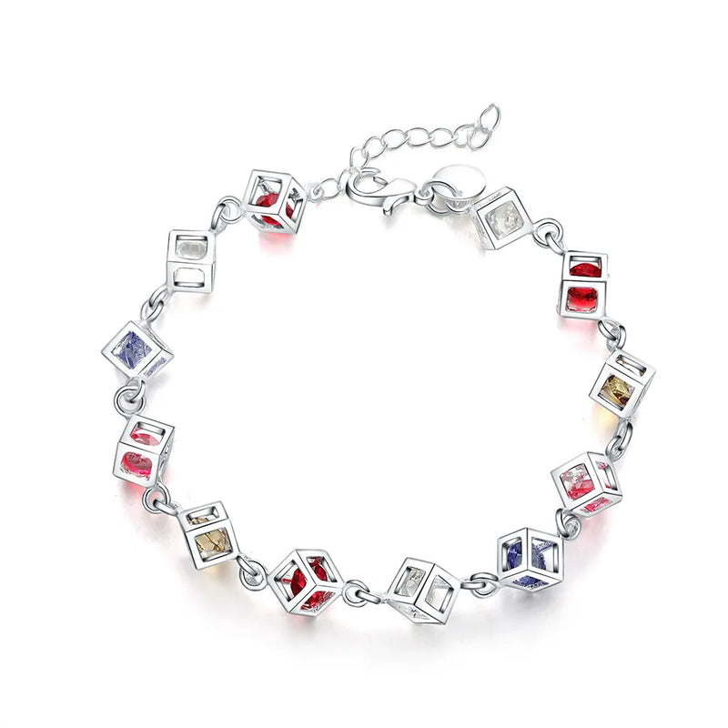925 Sterling Silver Zircon Cube Chain Bracelet Lucky Charm Crystal Jewelry