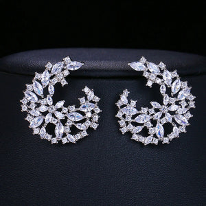 CZ Flower Stud Earring Silver Red Green Party Jewelry