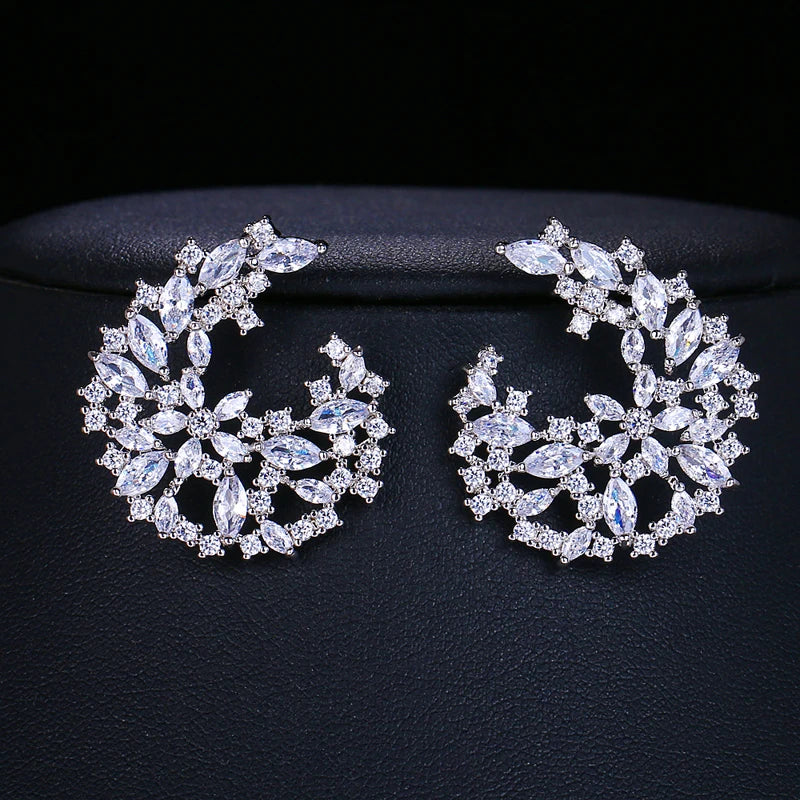 CZ Flower Stud Earring Silver Red Green Party Jewelry