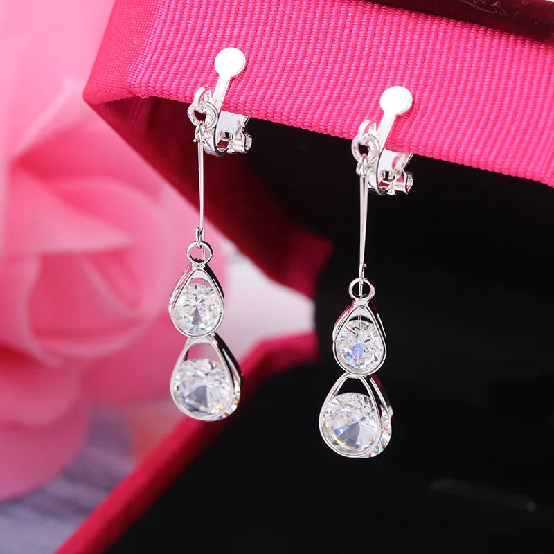 CZ Clip Earrings Women Wedding Star Long Bar Statement Jewelry