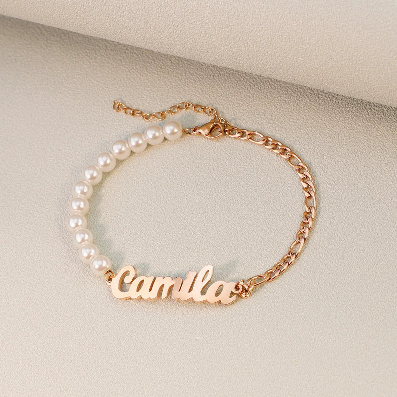 Name Bracelet With Pearl Stainless Steel Plate Chain