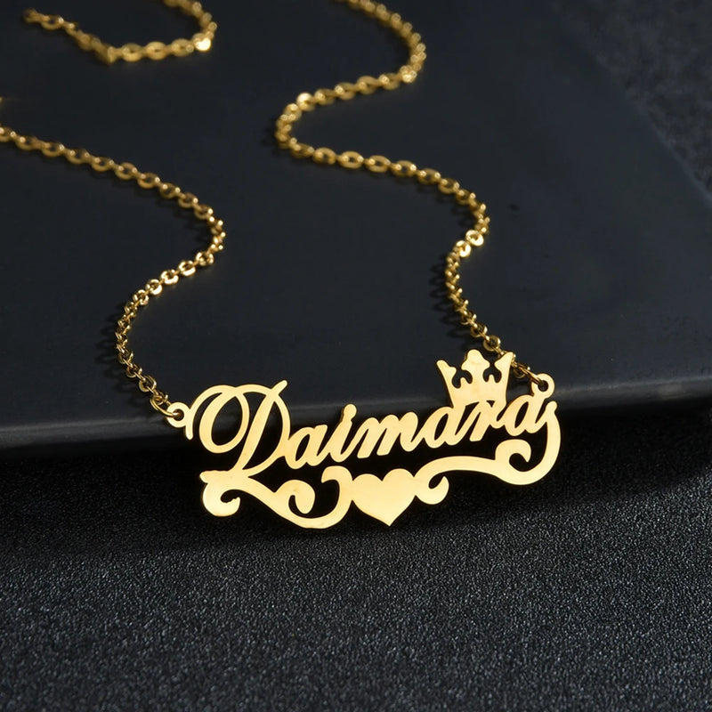 Personalized Crown Name Necklace Stainless Steel Heart Pendant