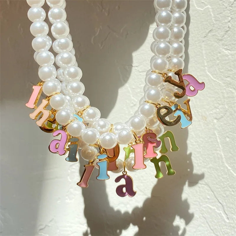 Personalized Enamel Letter Necklace with Pearl for Women
