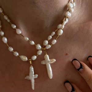 Vintage Baroque Pearl Beaded Cross Pendant Necklace