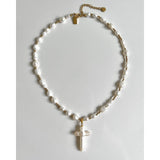 Vintage Baroque Pearl Beaded Cross Pendant Necklace