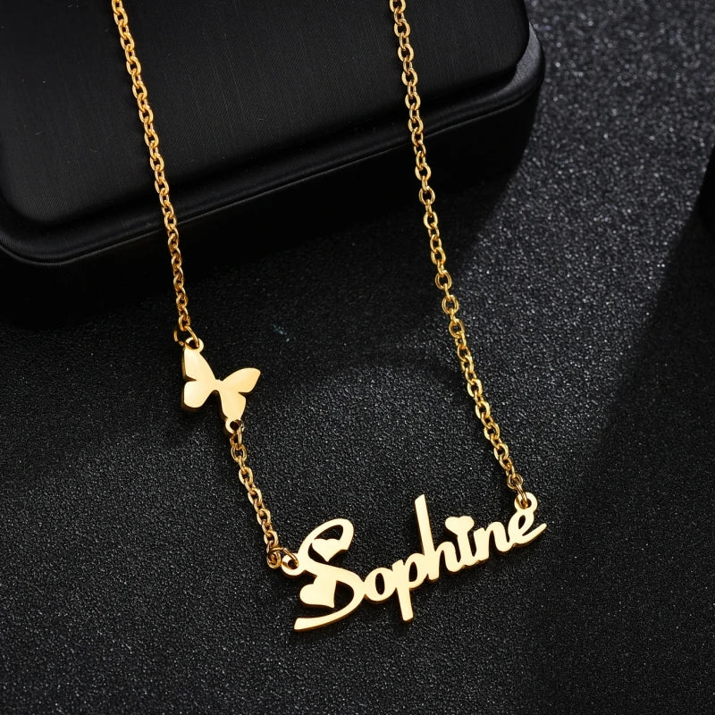 Heart Butterfly Pendant Name Necklace, Personalized Choker Jewelry