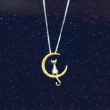 Cat Moon Pendant Silver Necklace Charm Box Chain Kitten