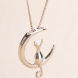 Cat Moon Pendant Silver Necklace Charm Box Chain Kitten
