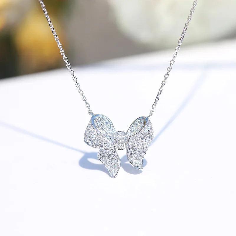 Bow Pendant Necklace 925 Sterling Silver Choker Women Wedding Jewelry