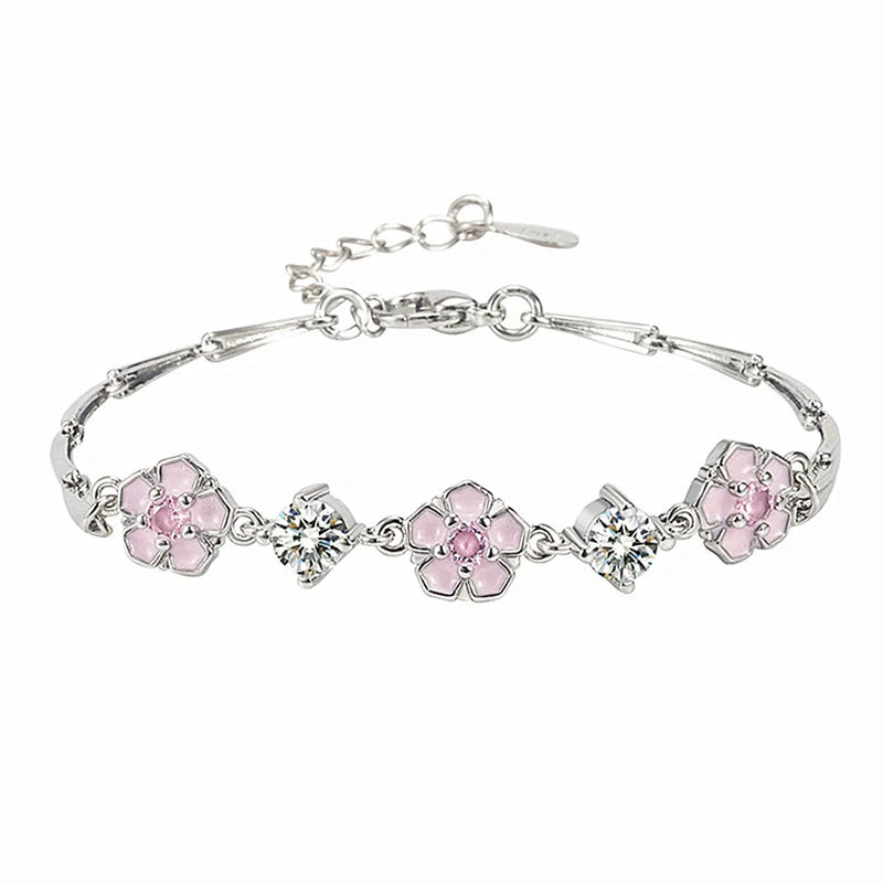 Pink Crystal Zircon Diamonds Chain Bracelet Silver Jewelry