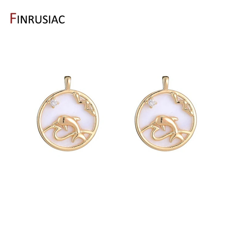 Whale & Fish Tail Round Pendant, DIY Jewelry Necklace 14k Plated Brass Part