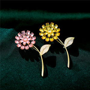 Dandelion Pink Yellow Zircon Brooch Pin Women Brooches Annual Party
