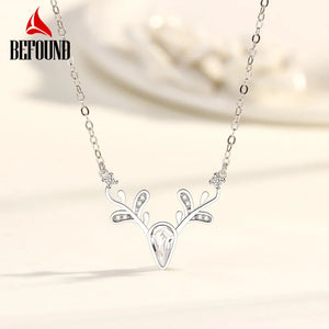 Deer Head Pendant Necklace Zircon Inlay 925 Sterling Silver Christmas Jewelry