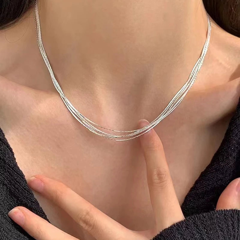 925 Silver Multilayer Chain Necklaces 5-Layer Silver Chain Strand