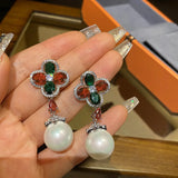 Clover Freshwater Pearl Drop Earrings 925 Silver Dangling Earring for Women