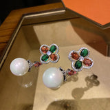 Clover Freshwater Pearl Drop Earrings 925 Silver Dangling Earring for Women