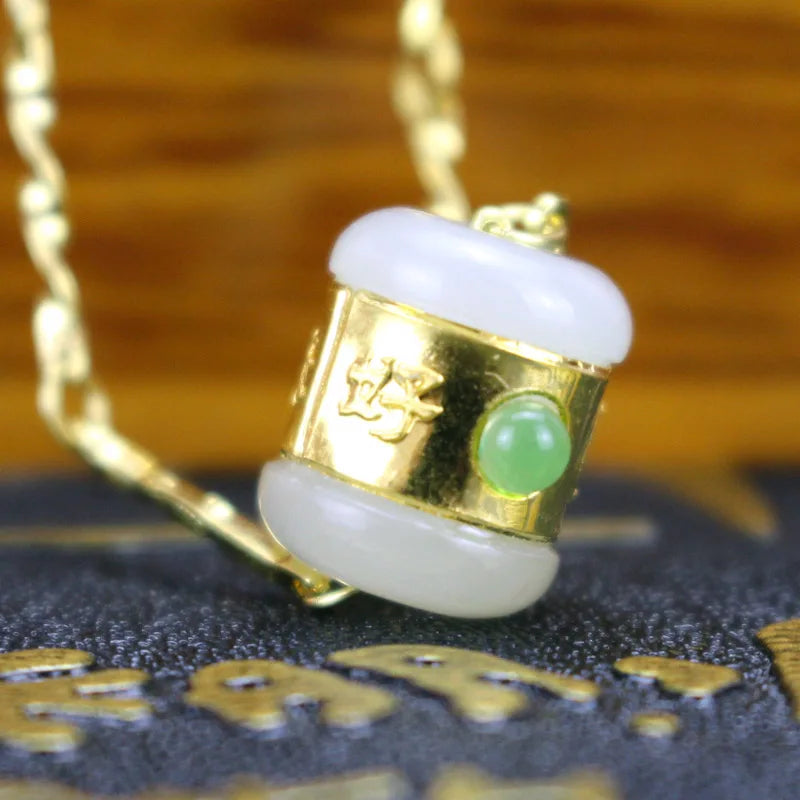 24k Hetian Jade Lucky Tube Cylinder Pendant Necklace