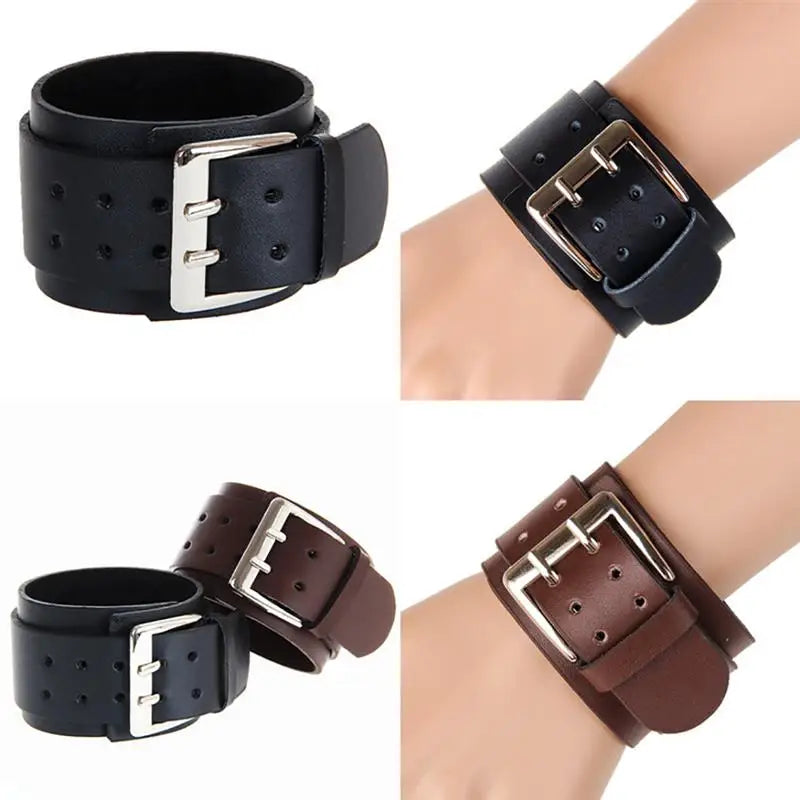 Double Belt Leather Wrist Rock Bracelet for Men Buckle Vintage Punk Jewelry