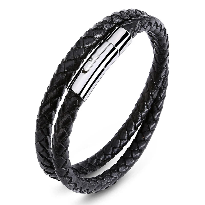 Braided Leather Wrap Bracelet Stainless Steel Wrist Band