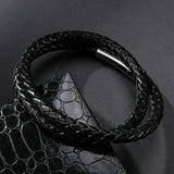 Braided Leather Wrap Bracelet Stainless Steel Wrist Band
