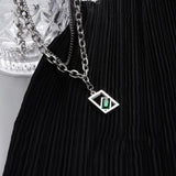 Double Layer Chain Stainless Steel Necklace with Green Crystal Pendant