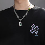 Double Layer Chain Stainless Steel Necklace with Green Crystal Pendant