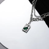 Double Layer Chain Stainless Steel Necklace with Green Crystal Pendant