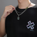 Double Layer Chain Stainless Steel Necklace with Green Crystal Pendant