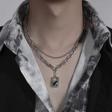 Double Layer Chain Stainless Steel Necklace with Green Crystal Pendant