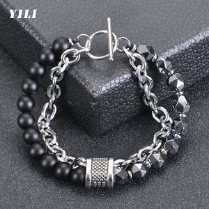 Double Layer Stone Beads Bracelet Men Map Stone Stainless Steel Chain Hematite